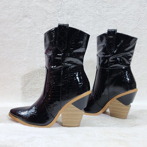 Twisted Black Patent Country Western Cowgirl Ankle Boots 2 Tone Split Cut H… - Picture 1 of 8